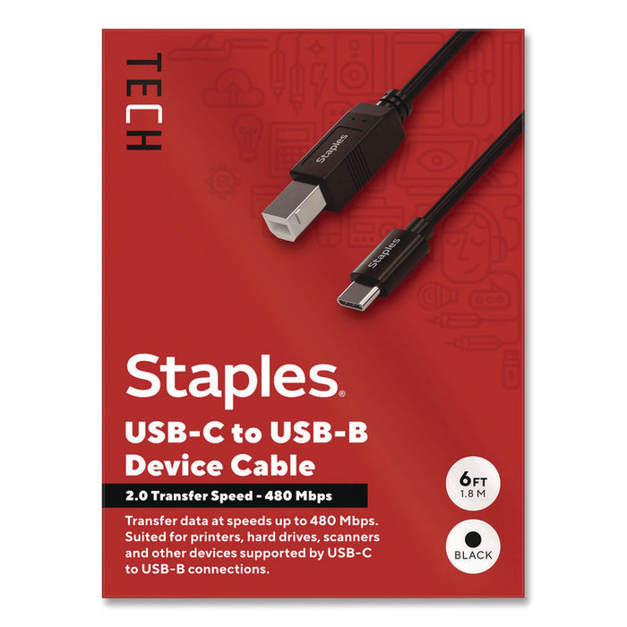 USB-C to USB-B 2.0 Cable, 6 ft, Black