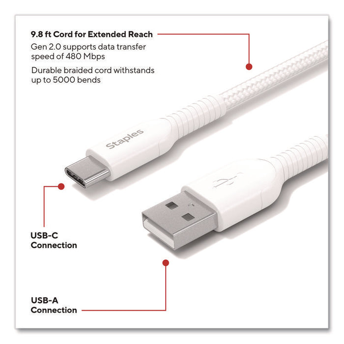 USB-C to USB-A 2.0 Charging Cable, 9.8 ft, White