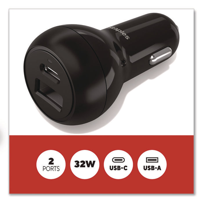 USB-A/USB-C Car Charger, 32 W, Two Ports, Black