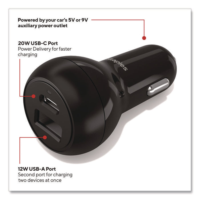 USB-A/USB-C Car Charger, 32 W, Two Ports, Black