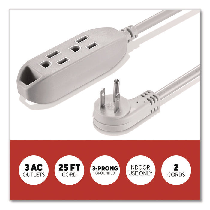 25 ft Extension Cord, 25 ft, 13 A, Gray, 2/Pack