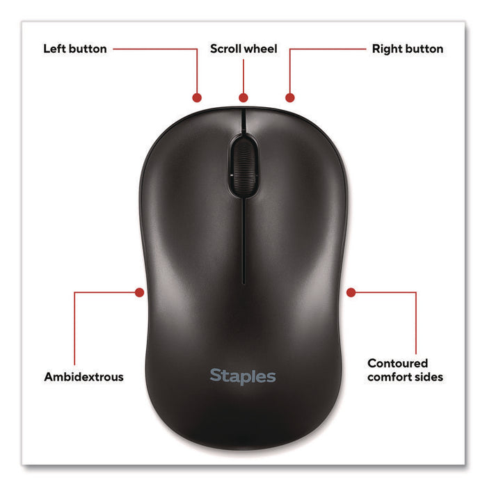 Wireless Ambidextrous Optical USB Mouse, 2.4 GHz Frequency/33 ft Wireless Range, Left/RIght Hand Use, Black