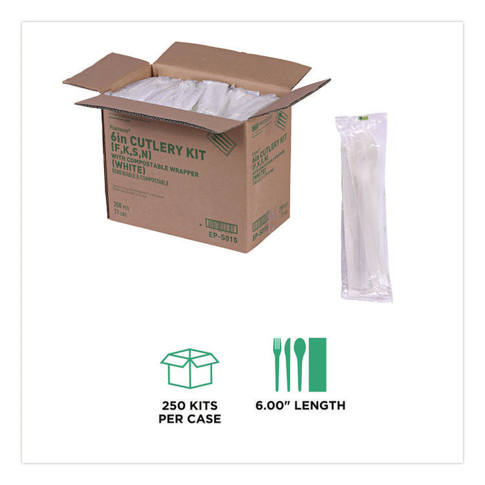 Plantware Compostable Cutlery Kit, Fork/Knife/Napkin/Spoon, Pearl White, 250 Kits/Carton