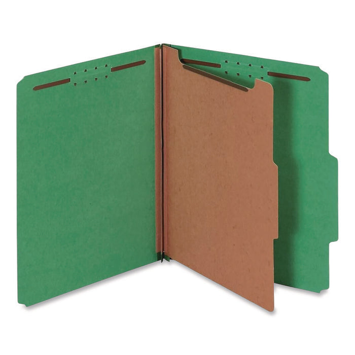 Pressboard Top Tab Classification Folders, 2/5-Cut Tab, Expands 1.75", 1 Divider, 4 Fasteners, Letter Size, Dark Green, 10/BX