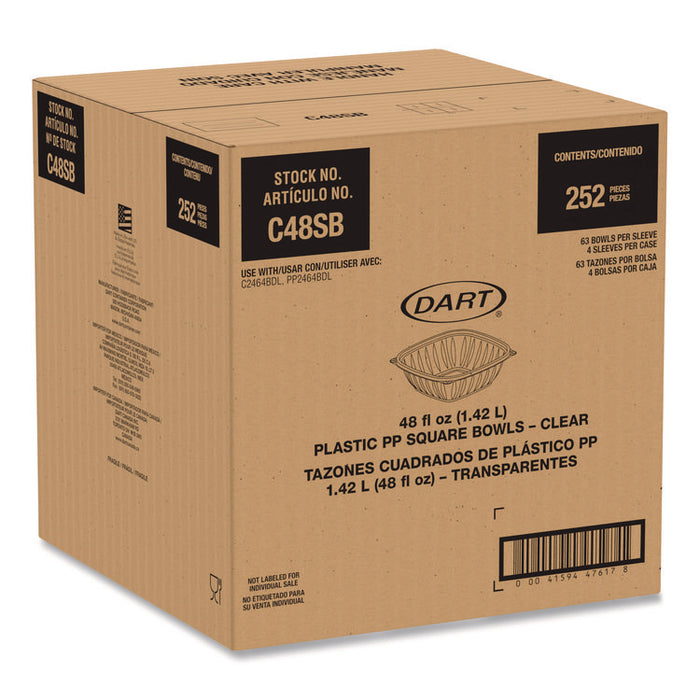 Square Plastic Bowls, 48 oz, 5 x 5 x 2.55, Clear, Plastic, 63 Bowls/Sleeve, 4 Sleeves/Carton