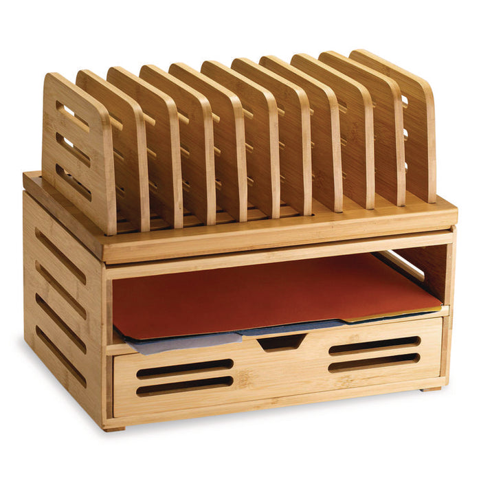 Bamboo Stackable Document Organizer with Drawer, 2 Sections, Letter Size Files, 14.09" x 10.08" x 7.7", Brown