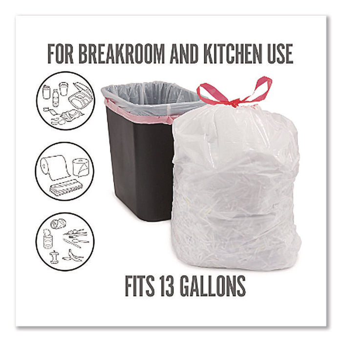 Drawstring Tall Kitchen Trash Bags, 13 gal, 28" x 24", White, 50/Box