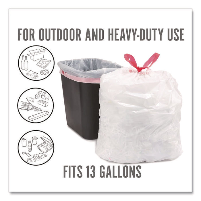 Scented Drawstring Tall Kitchen Trash Bags, 13 gal, Fresh Scent, 28" x 24", White, 100/Box