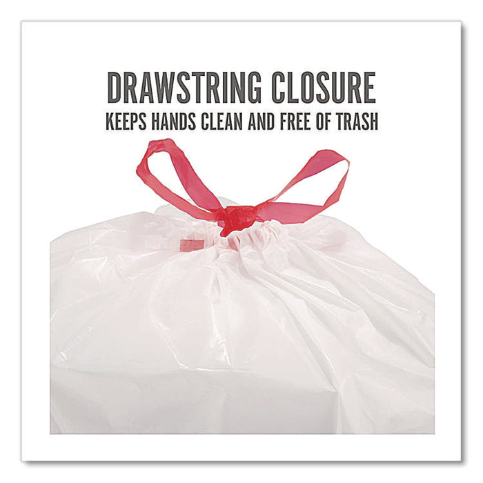 Scented Drawstring Tall Kitchen Trash Bags, 13 gal, Fresh Scent, 28" x 24", White, 100/Box