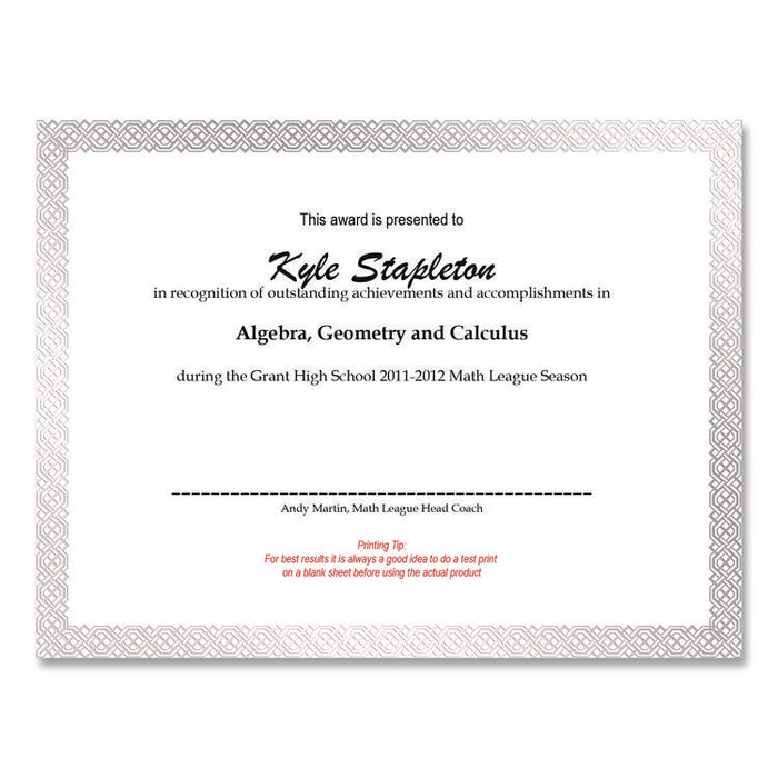 Foil Border Certificates, 8.5 x 11, White/Silver with Braided Silver Border,15/Pack