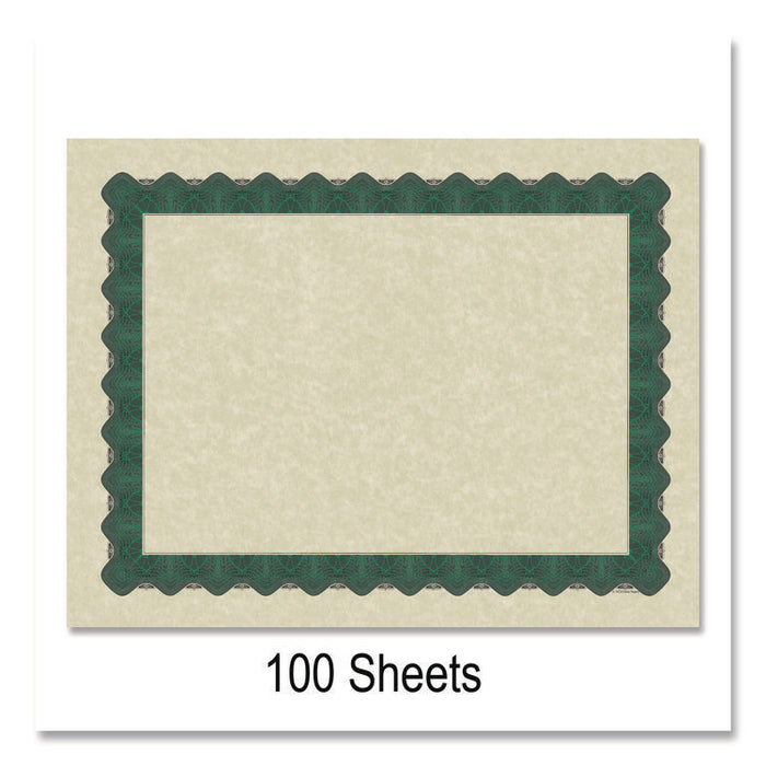 Metallic Border Certificates, 11 x 8.5, Ivory/Green with Green Border, 100/Pack