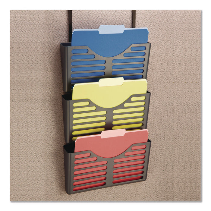 Recycled Plastic Cubicle Triple File Pocket, Cubicle Pins Mount, 13.5 x 4.75 x 28, Charcoal, 3/Pack