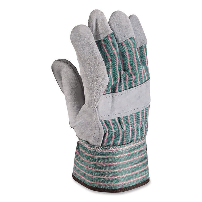 Bronze Series Leather/Fabric Work Gloves, Gunn Cut, Wing Thumb, Large (Size 9), Gray/Green, 12 Pairs