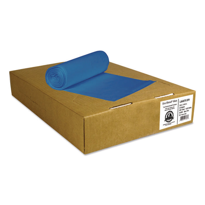 Eco Blend Max Can Liners, 45 gal, 0.8 mil, 40" x 46", Blue, 25 Bags/Roll, 6 Rolls/Carton