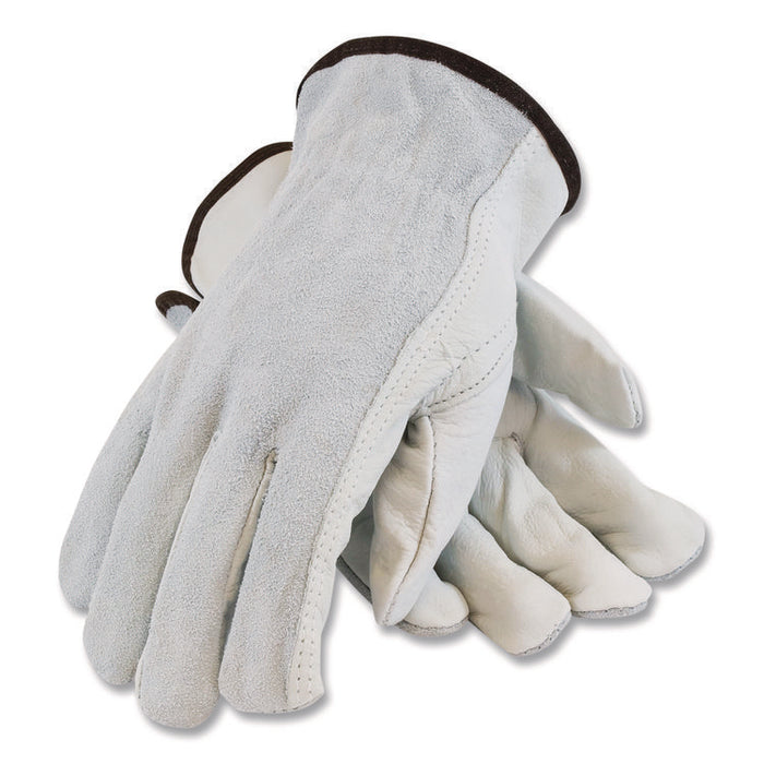 Top-Grain Leather Drivers Gloves with Shoulder-Split Cowhide Leather Back, Gunn Cut, Keystone Thumb, Large, Gray, Pair