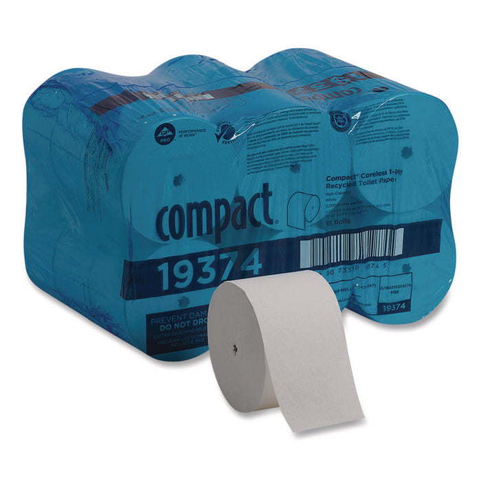 Compact Coreless One-Ply Bath Tissue, Septic Safe, White, 3,000 Sheets/Roll, 18 Rolls/Carton