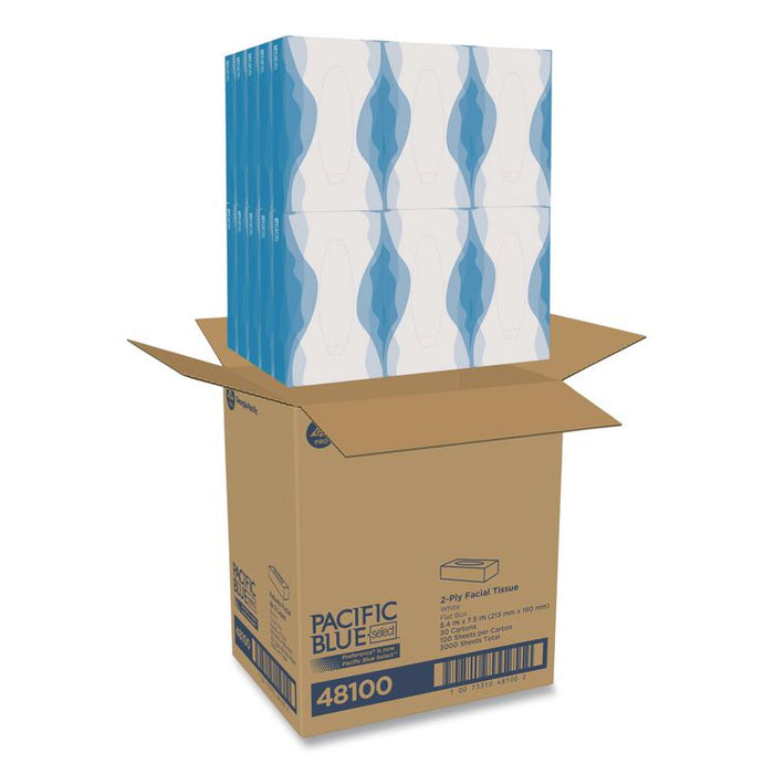 Pacific Blue Select Facial Tissue, Flat Box, 2-Ply, White, 100 Sheets/Box, 30 Boxes/Carton