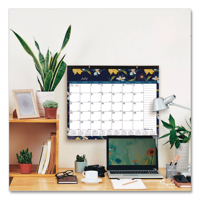 Academic 18-Month Desk Pad Calendar, Floral Artwork, 22 x 17, White/Multicolor Sheets, Black Headband, July 2025 to Dec 2026