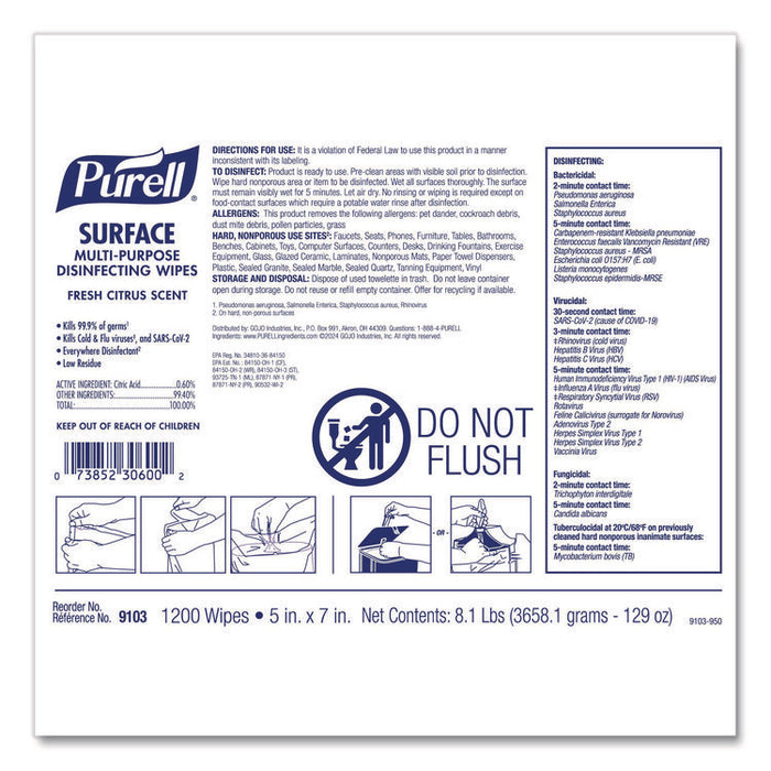 Surface Multi-Purpose Disinfecting Wipes, 1-Ply, 5 x 7, Fresh Citrus, White, 2/Carton