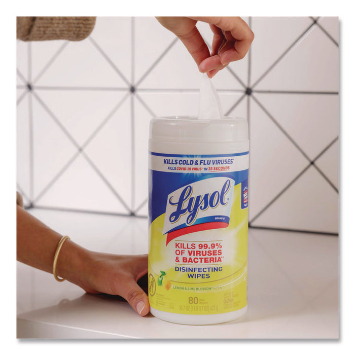 Disinfecting Wipes, 1-Ply, 7 x 7.25, Lemon and Lime Blossom, White, 80 Wipes/Canister, 2 Canisters/Pack
