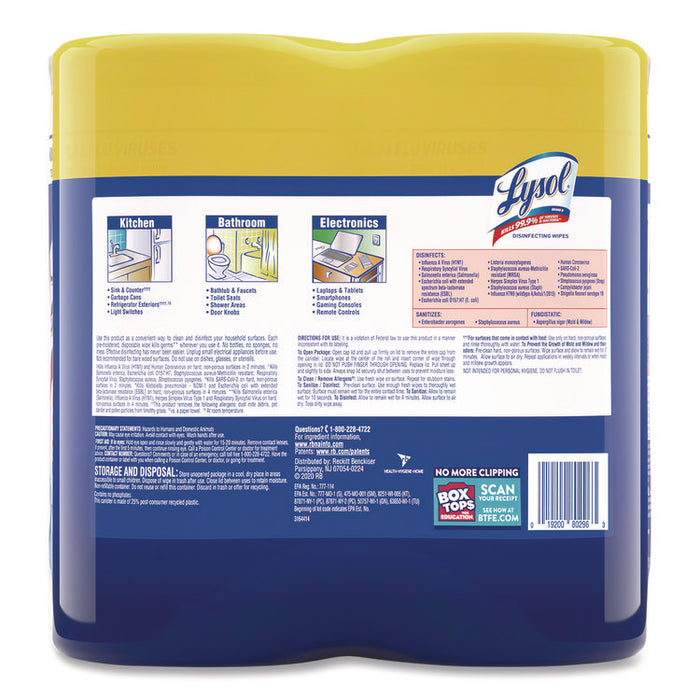 Disinfecting Wipes, 1-Ply, 7 x 7.25, Lemon and Lime Blossom, White, 80 Wipes/Canister, 2 Canisters/Pack, 3 Packs/Carton