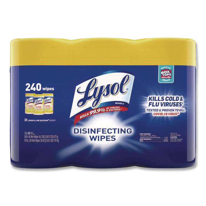 Disinfecting Wipes, 1-Ply, 7 x 7.25, Lemon and Lime Blossom, White, 80 Wipes/Canister, 3 Canisters/Pack, 2 Packs/Carton