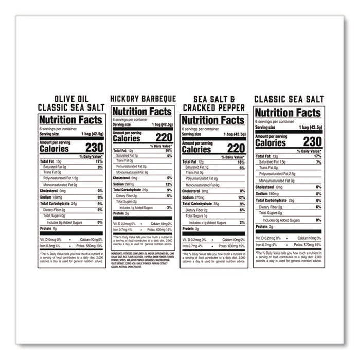 Chips Variety Pack, Hickory Barbeque, Sea Salt, Sea Salt and Cracked Pepper, Olive Oil, 1.5 oz, 24/Carton