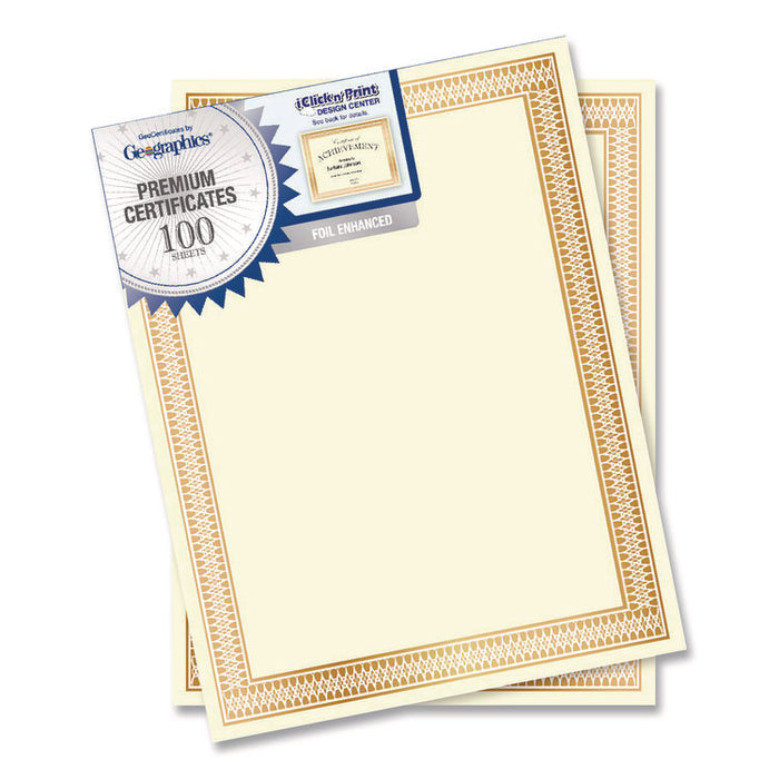 Award Certificates, 8.5 x 11, Ivory with Traditional Gold Border, 100/Pack