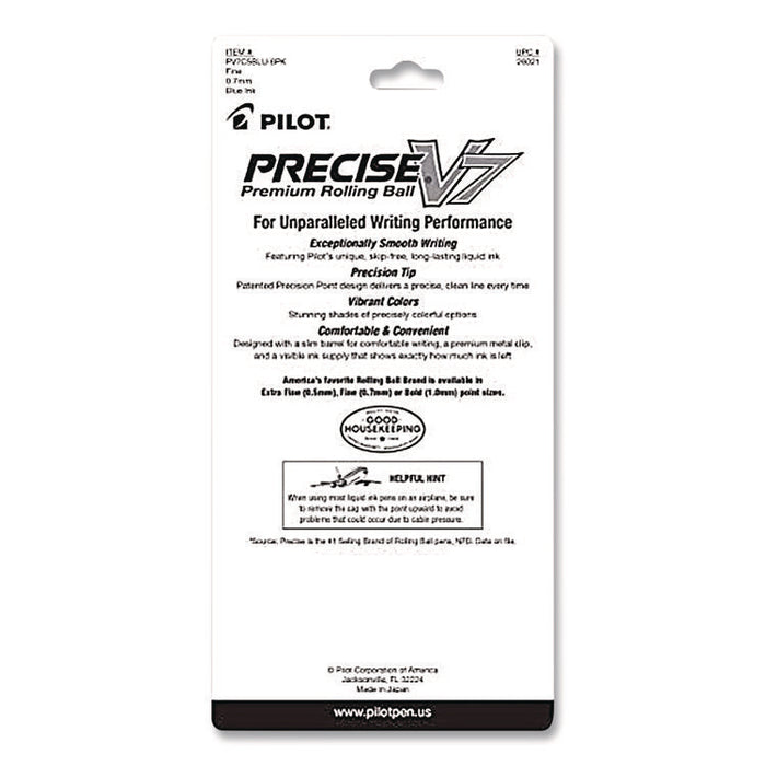 Precise V7 Rollerball Pen, Stick, Fine 0.7 mm, Blue Ink, Blue/Clear Barrel, 5/Pack