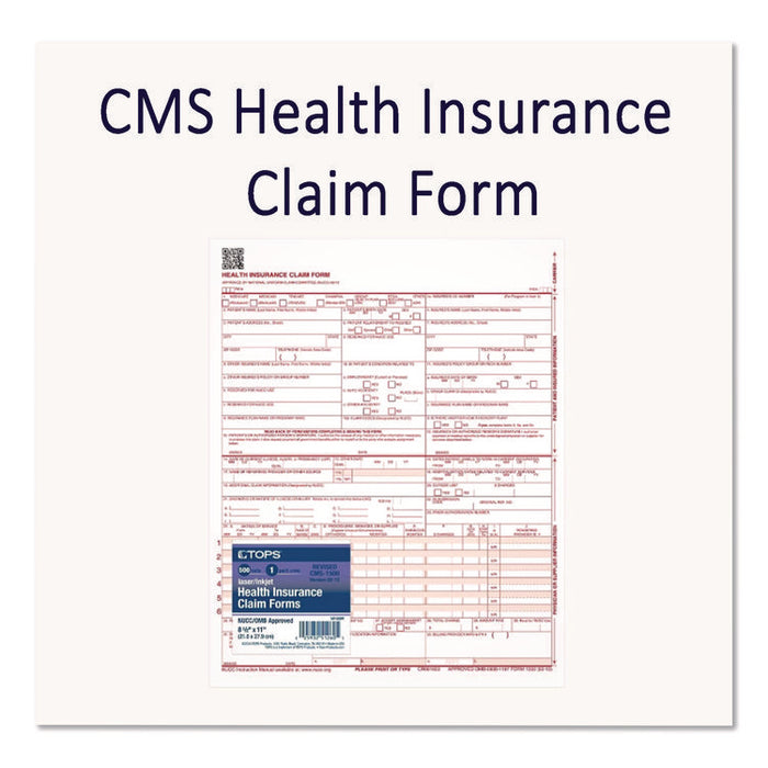 CMS Health Insurance Claim Form, One-Part (No Copies), 8.5 x 11, 100 Forms Total