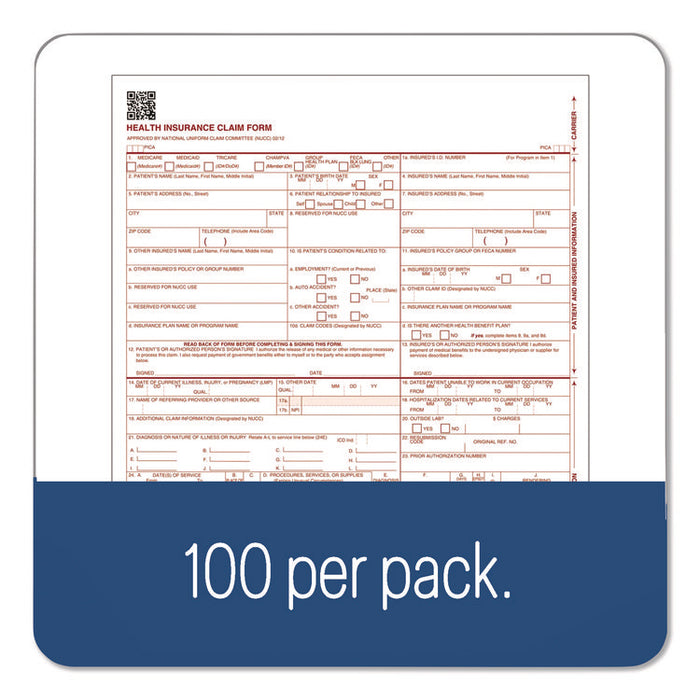 CMS Health Insurance Claim Form, One-Part (No Copies), 8.5 x 11, 100 Forms Total
