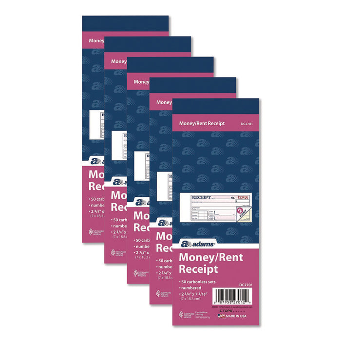Money/Rent Receipt Book, Two-Part Carbonless, 6.69 x 2.75, 50 Receipts/Book, 5 Books/Pack