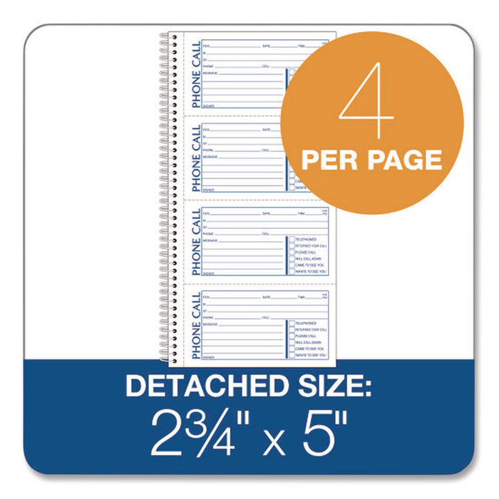 Wirebound Telephone Message Book, Two-Part Carbonless, 4.75 x 2.75, 4 Forms/Sheet, 400 Forms Total