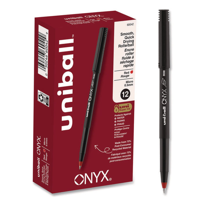ONYX Rollerball Pen, Stick, Micro 0.5 mm, Red Ink, Black/Red Barrel, Dozen