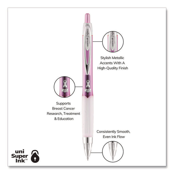 Signo 207 Breast Cancer Awareness Gel Pen, Retractable, Medium 0.7 mm, Black Ink, Translucent Pink/White Barrel, 2/Pack