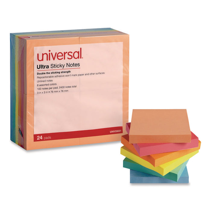 Ultra Sticky Note Pads, 3" x 3", Assorted, 100 Sheets/Pad, 24 Pads/Pack