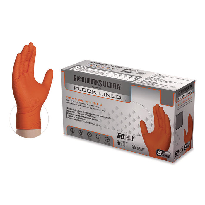 Ultra Industrial Flock-Lined Nitrile Disposable Gloves, Medium, 8 mil Thick, 9.06" Long, Orange, 50/Box, 10 Boxes/Carton