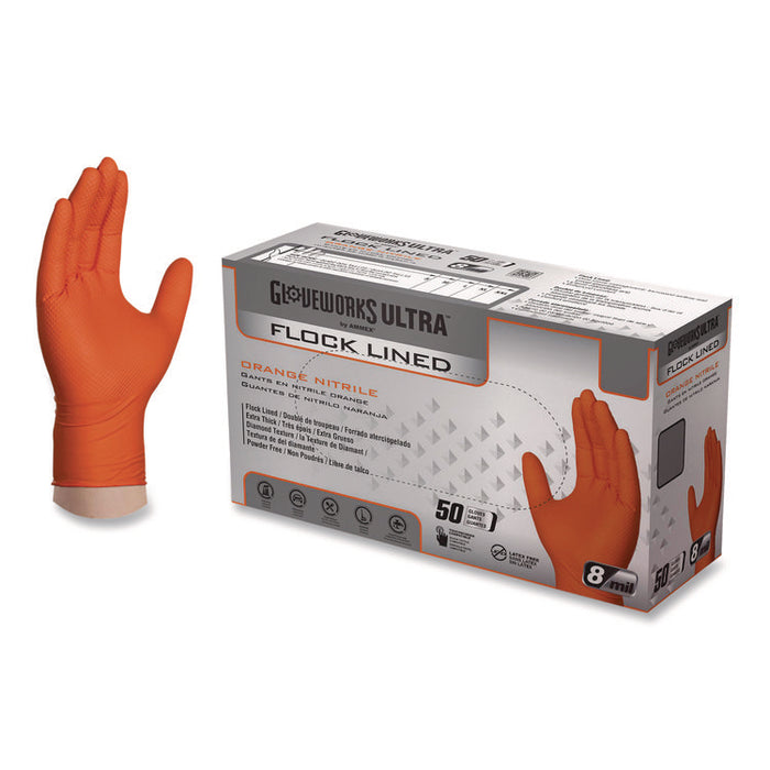 Ultra Industrial Flock-Lined Nitrile Disposable Gloves, Large, 8 mil Thick, 9.06" Long, Orange, 50/Box, 10 Boxes/Carton