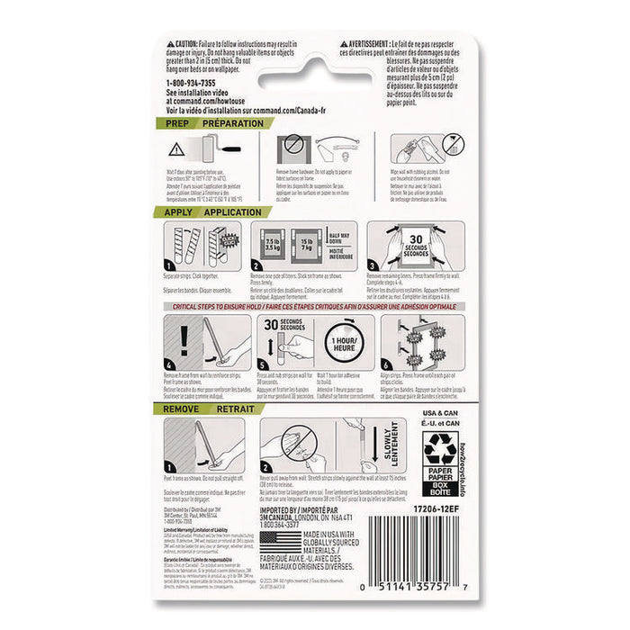 Bath Picture Hanging Strip Pairs, Holds Up to 4 lb, Large: 0.75" x 3.65", White, 4/Pack