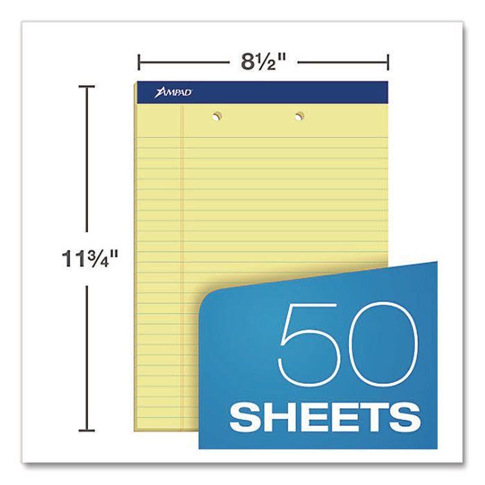 Perforated Writing Pads, Wide/Legal Rule, (50) Canary Yellow 8.5 x 11 Sheets, Dozen