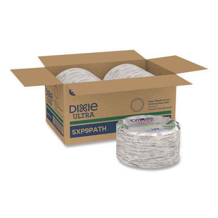 Pathways Soak Proof Shield Heavyweight Paper Plates, WiseSize, 8.5" dia, Green/Burgundy, 500/Carton