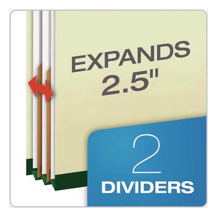 Pressboard Top Tab Classification Folders, 2/5-Cut Tab, Expands 2.5", 2 Dividers, 6 Fasteners, Legal Size, Light Green, 10/BX
