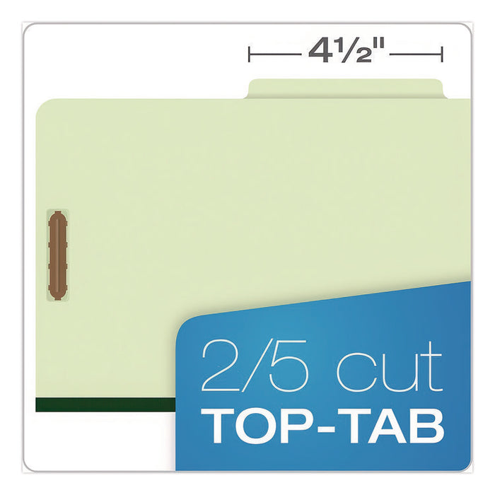 Pressboard Top Tab Classification Folders, 2/5-Cut Tab, Expands 2.5", 2 Dividers, 6 Fasteners, Legal Size, Light Green, 10/BX