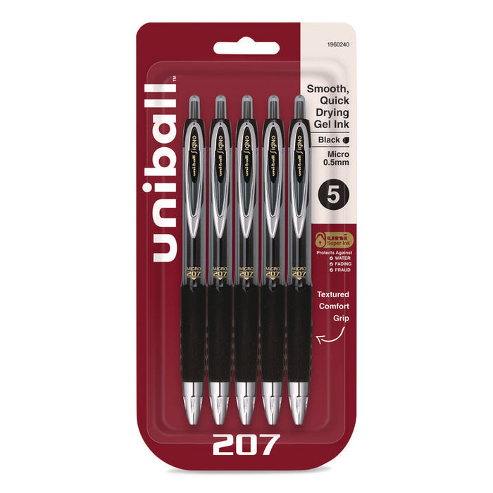 Signo 207 Gel Pen, Retractable, Fine 0.5 mm, Black Ink, Smoke/Black Barrel, 5/Pack