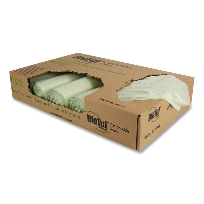 Biotuf Compostable Can Liners, 45 gal, 0.9 mil, 40" x 46", Green, 25 Bags/Roll, 5 Rolls/Carton