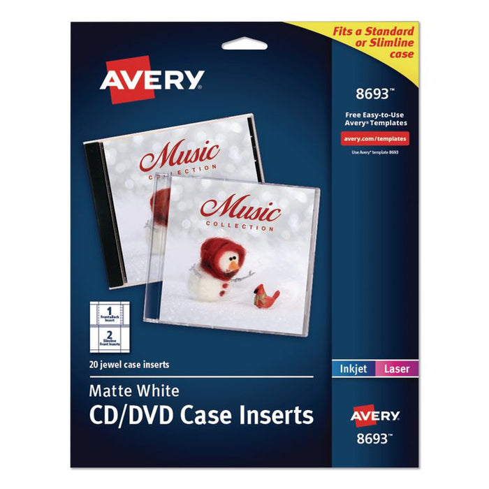 Inkjet CD/DVD Jewel Case Inserts, Matte White, 20/Pack