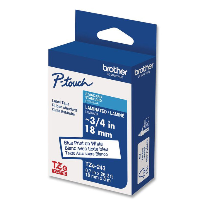 TZe Standard Adhesive Laminated Labeling Tape, 0.7" x 26.2 ft, Blue on White
