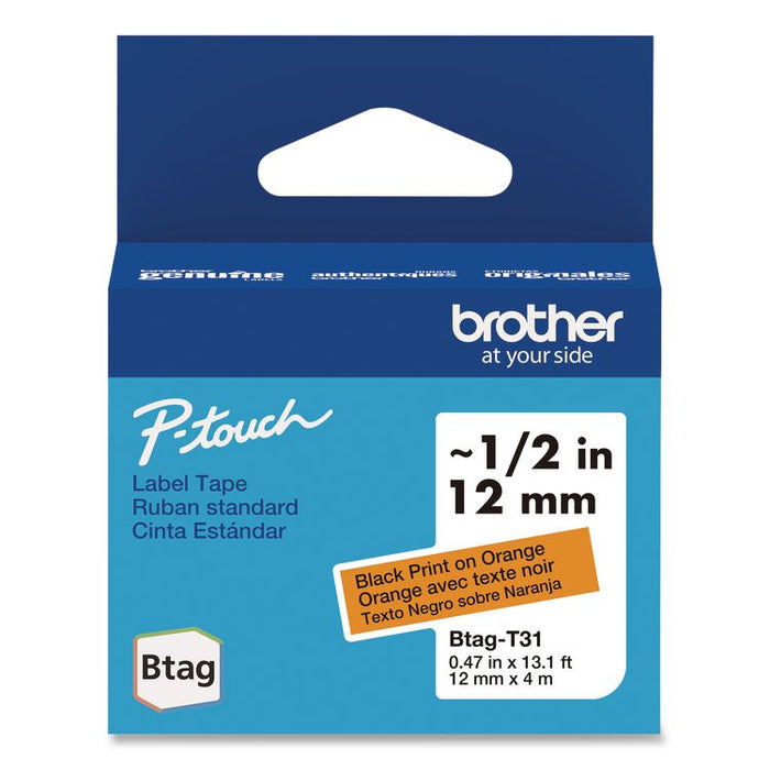 Genuine P-Touch BTAG Label Tapes, 0.47" x 13.1 ft, Black on Orange