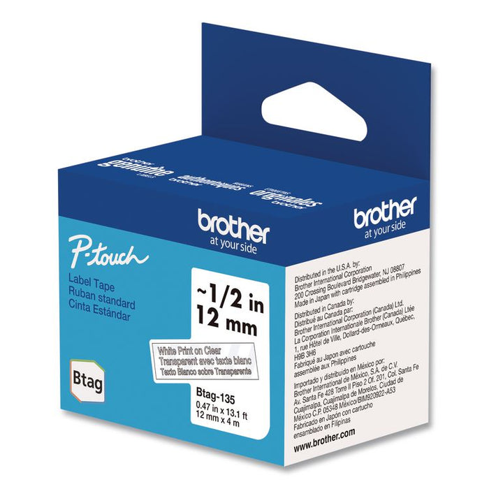 Genuine P-Touch BTAG Label Tapes, 0.47" x 13.1 ft, White on Clear
