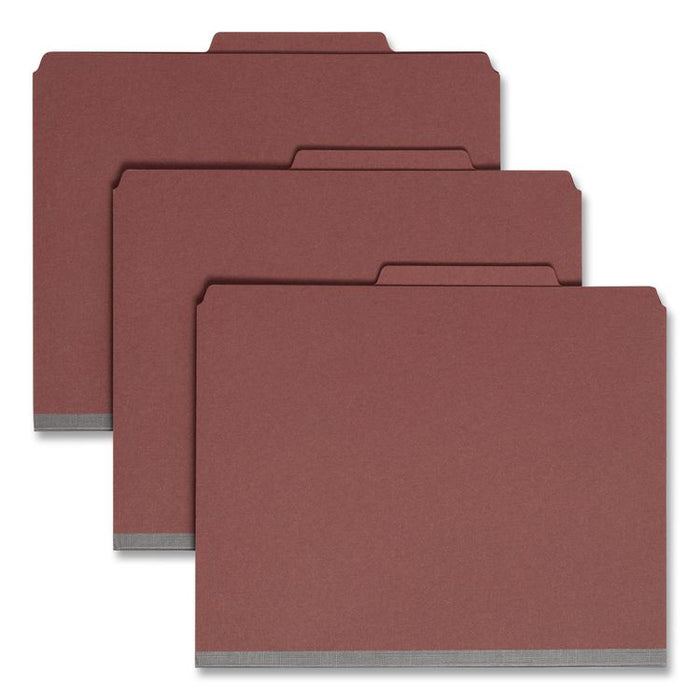 Pressboard Classification Folders, 2/5-Cut Tab, Expands 3", 3 Dividers, 8 SafeSHIELD Fasteners, Letter Size, Red, 10/Box